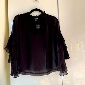 NWT 100% Silk Beautiful Ruffle Sleeve Tie Neck Top